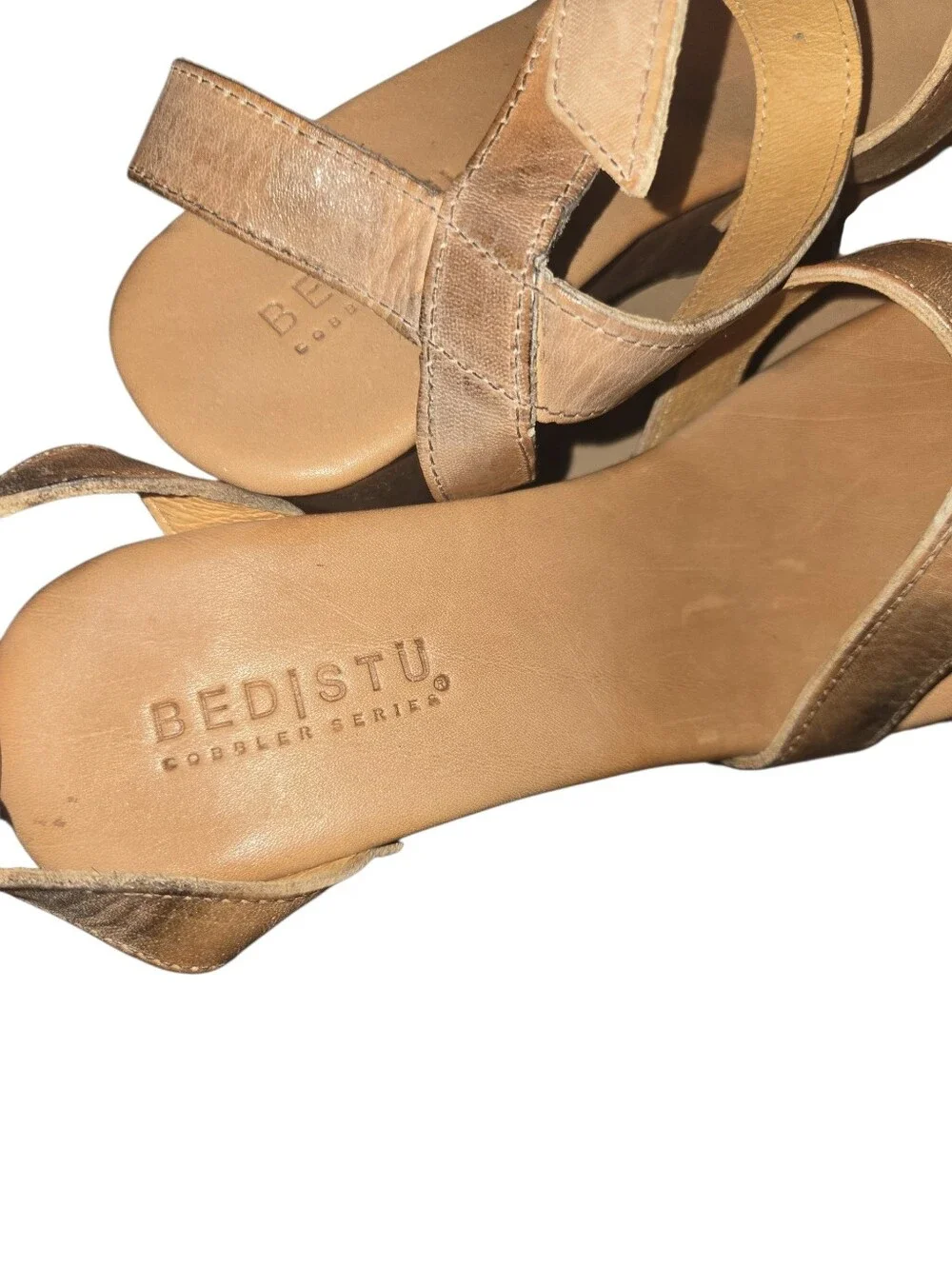 Bed Stu Wood Platform Wedge Sandals — Brown Leather Crisscross Straps, Buckle St